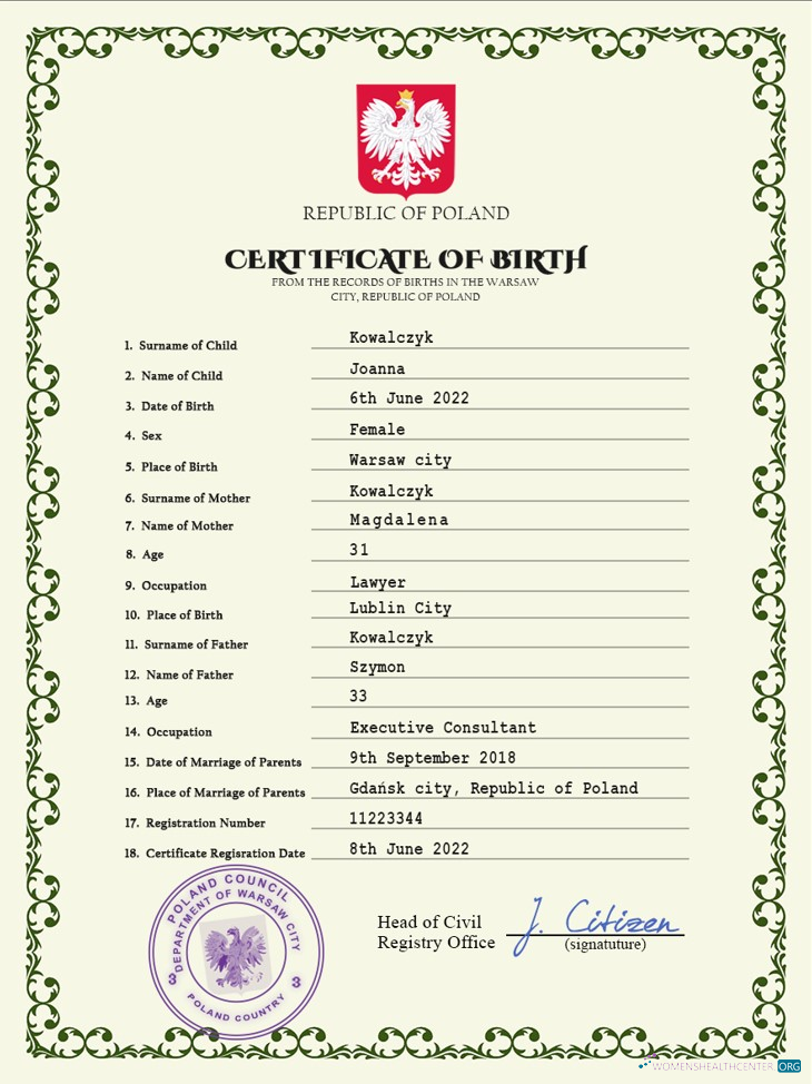 Download Poland vital record birth certificate PSD template, Photoshop template